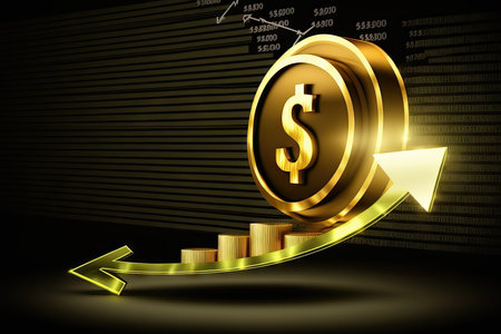 Gold coin with dollar sign over business graph backgroundの素材
