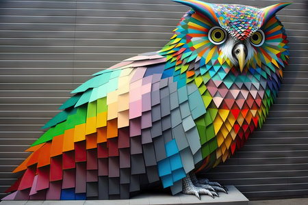 Colorful rainbow owl made of wooden blocks on the facade of a buildingの素材