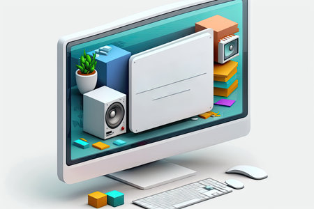 Computer with home appliances and accessories on the screenの素材