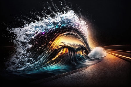 Surfing wave on the road at nightの素材