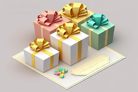 Colorful gift boxes with gold ribbons and tagの素材