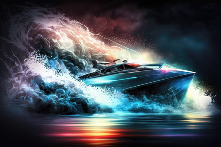 Speed boat in the sea with fire and smokeの素材