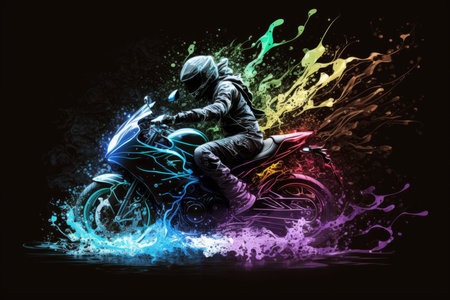 Sport motorbike on color background with splashes and smokeの素材