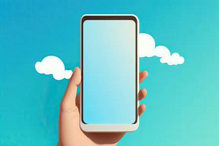 Smartphone with blue screen in human hand on blue sky backgroundの素材
