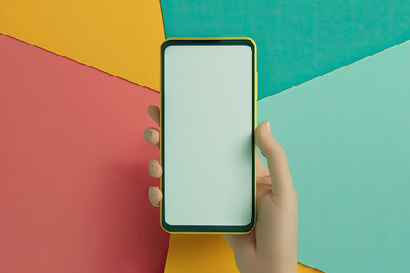 Female hand holding smartphone with blank screen on colorful background, mockupの素材