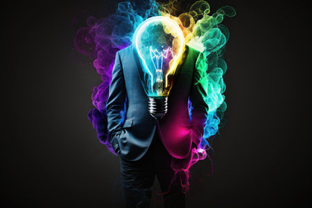 Businessman in suit with glowing light bulb instead of head on dark backgroundの素材