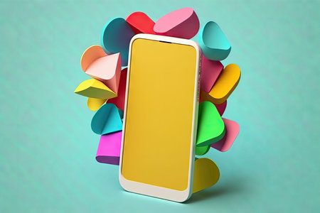 Smartphone with blank screen on turquoise backgroundの素材