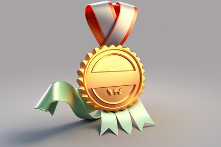 Gold medal with ribbons on gray backgroundの素材