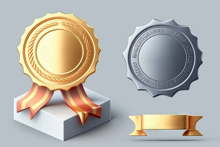 Gold, silver and bronze award medals with ribbons isolated on gray backgroundの素材