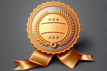 Award gold with ribbons on gray backgroundの素材