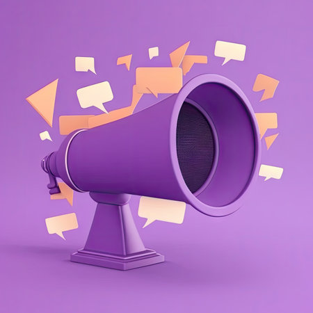 Megaphone with speech bubbles isolated on purple backgroundの素材