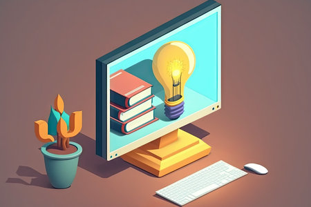 Computer with lightbulb and booksの素材