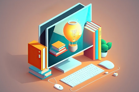 Computer screen with lightbulb and booksの素材