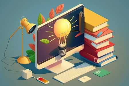 Lamp on computer screen with books and electronic devices on blue backgroundの素材