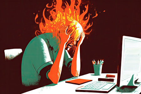 Stressed young man sitting in front of his computerの素材
