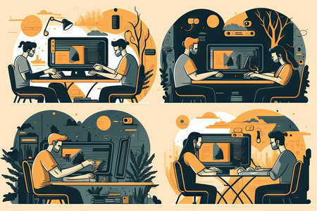 Freelance concept with people working on computers at homeの素材