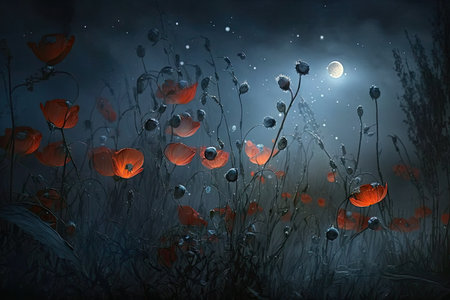 Poppies in the meadow at night with moon and fogの素材
