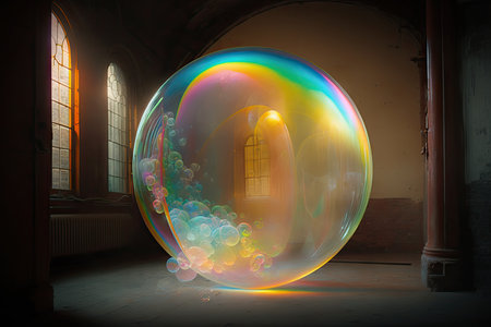 Colorful soap bubbles in a dark roomの素材