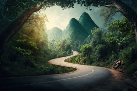 Winding road in the middle of the forest and mountains at sunsetの素材
