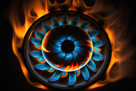 Burning gas burner in the form of a blue eye on a black backgroundの素材