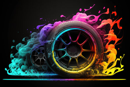 Car wheel with colorful smoke on a black backgroundの素材
