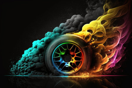 Car wheel with colorful smoke on black backgroundの素材
