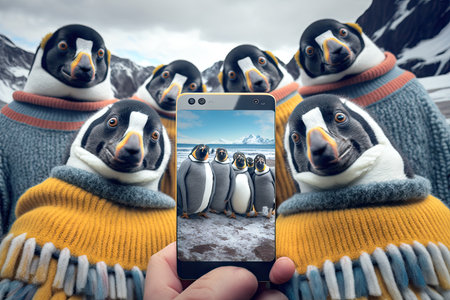 Taking photo of penguins with mobile phone. Selfie of penguins with smartphone.の素材