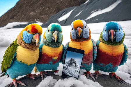 Group of colorful parrots sitting on the snow and taking a selfieの素材
