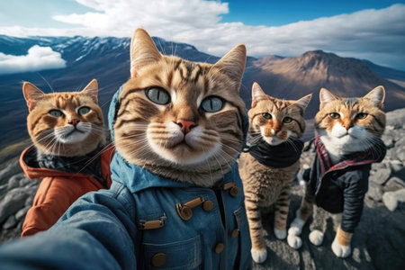 Selfie of a group of cats on a background of the mountainsの素材