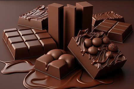 Chocolate bars and pieces of chocolate on a dark backgroundの素材