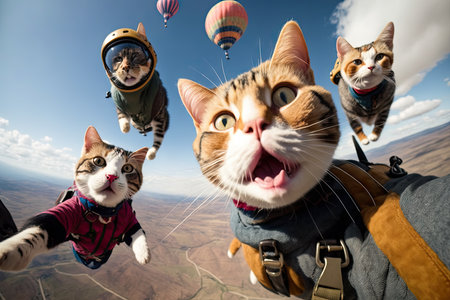 Group of funny cats flying in the sky on a hot air balloonの素材