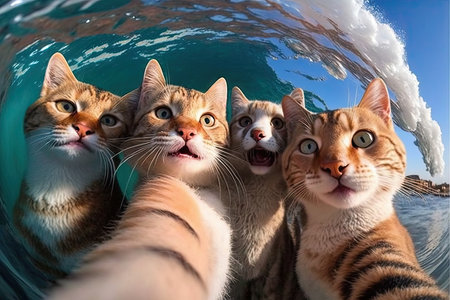 Selfie of three cats in the water. The cat is looking at the cameraの素材