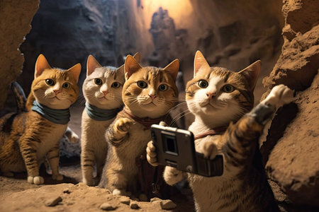 Cats in the cave take a selfie with a mobile phoneの素材