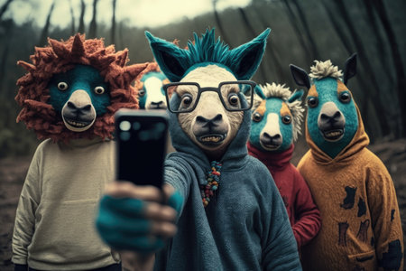 Group of friends taking a selfie with a mobile phone in the forestの素材