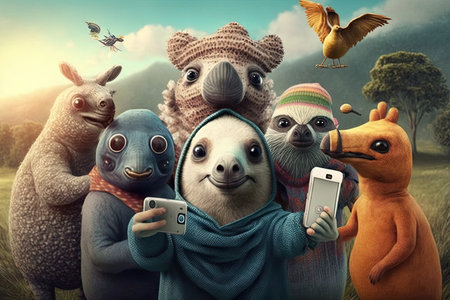 Group of funny animals with mobile phones in the forestの素材