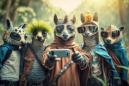 Group of cosplay monsters taking selfie with smartphone in the forestの素材