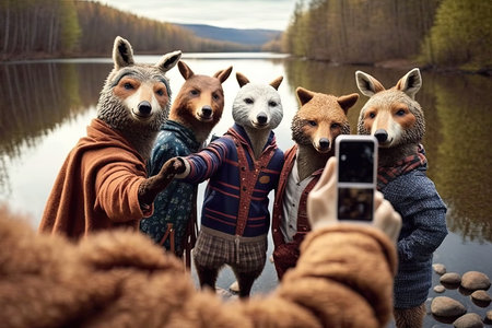 Group of foxes taking a selfie with a smartphone in the forestの素材