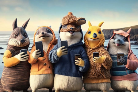 Group of animals with mobile phones on the beachの素材