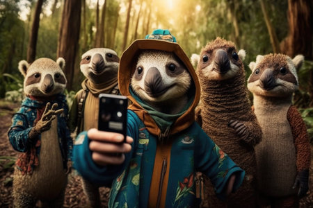 Funny monkeys take a photo with a smartphone in the forestの素材