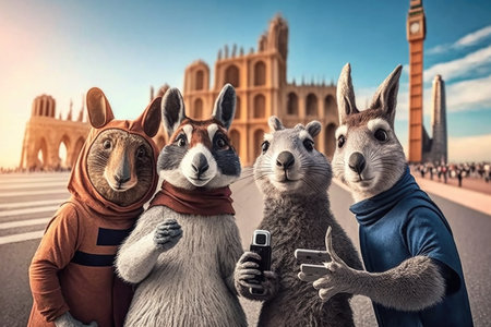 Group of funny kangaroos on the background of famous monuments of the worldの素材
