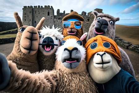 Funny llama family in front of medieval castleの素材