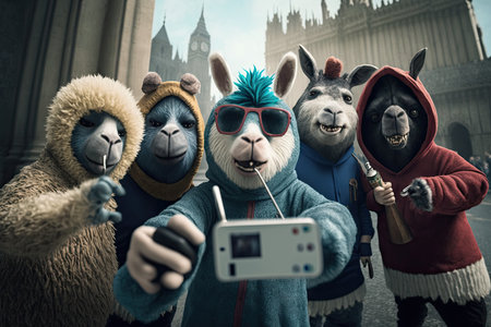 Group of funny animals taking a selfie in front of Big Benの素材