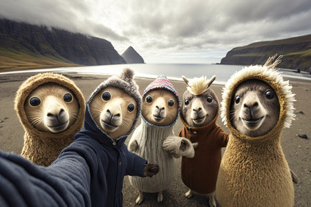 Family of four dogs taking a selfie at Reynisfjara beach in Icelandの素材