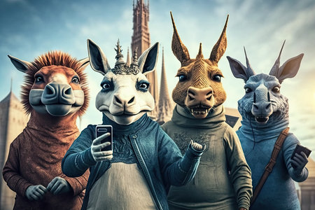 Funny group of donkeys with a smartphone in the cityの素材
