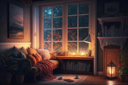 Interior of a cozy living room with a large windowの素材