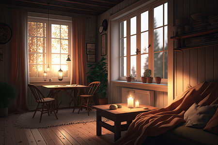 Interior of a cozy room with a wooden table and chairsの素材