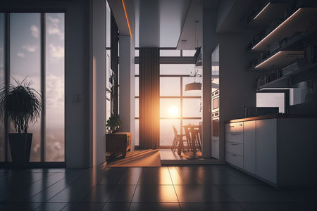 Modern kitchen interior with window and city viewの素材