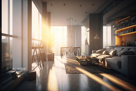 Interior of modern living room with white walls, tiled floor, comfortable sofa and coffee table with bookshelvesの素材