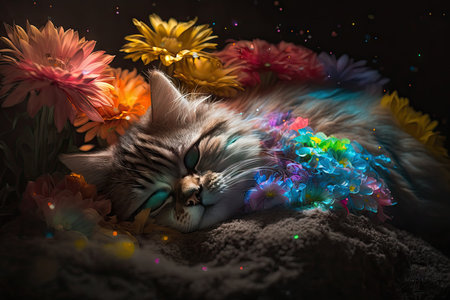 Siberian cat with multicolored flowers on a dark backgroundの素材