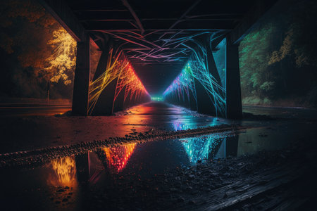 Bridge with neon lights and reflections in the waterの素材